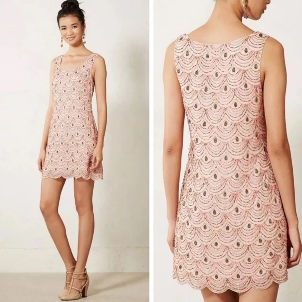 Anthropologie pink beaded moulinette dress